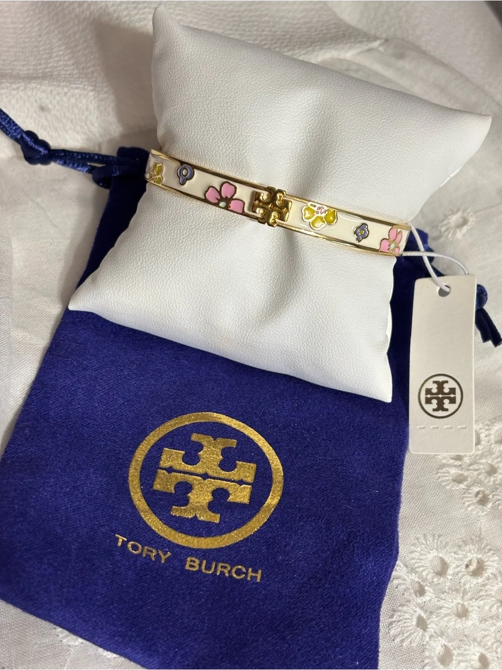 Tory Burch Cream Enamel Floral Logo Hinge Bangle Bracelet